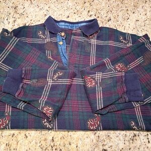 Vintage Plaid Polo Sweater with Denim Accents